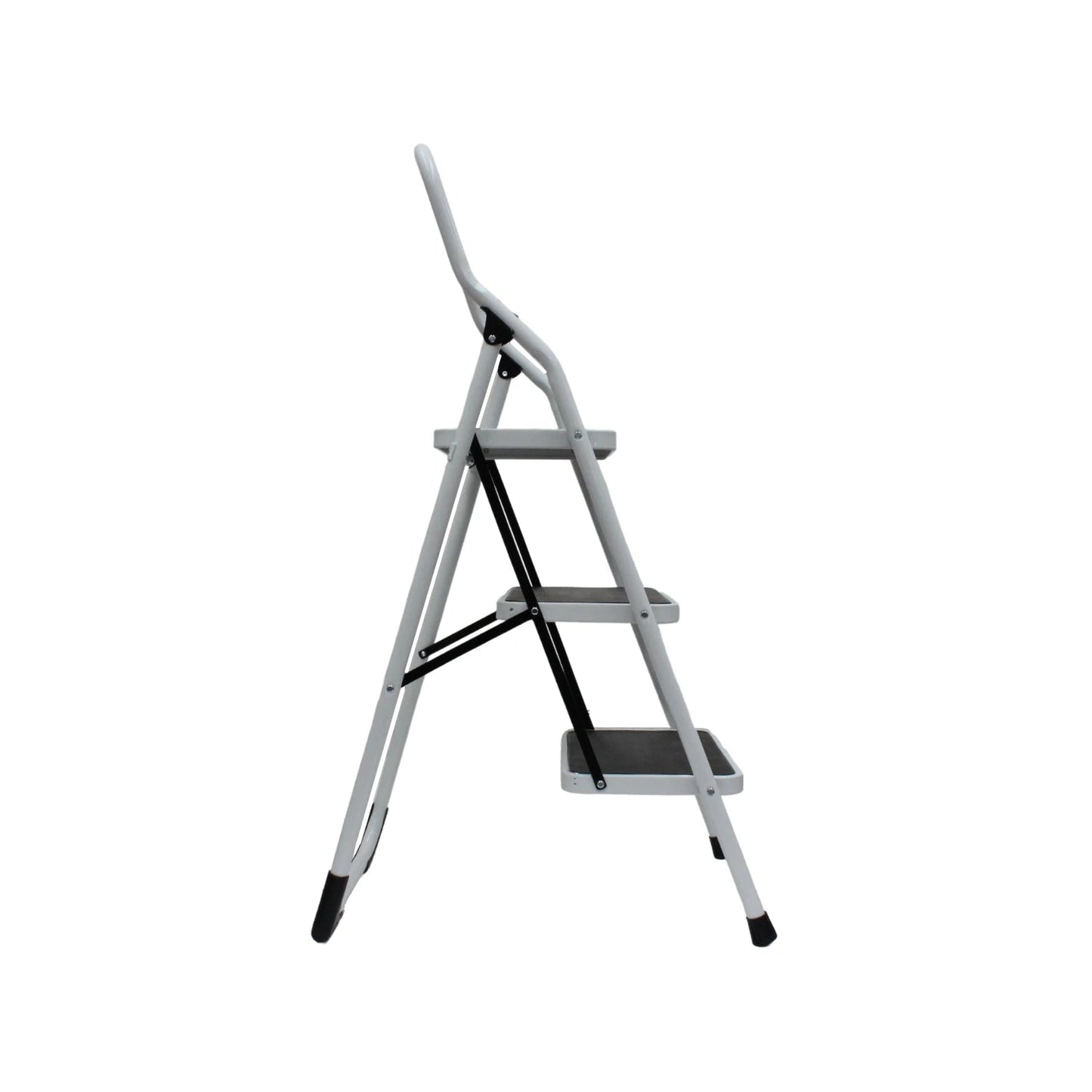 Escalera taburete plegable de 3 peldaños gris claro con superficie antideslizante, ideal para tareas en hogar.