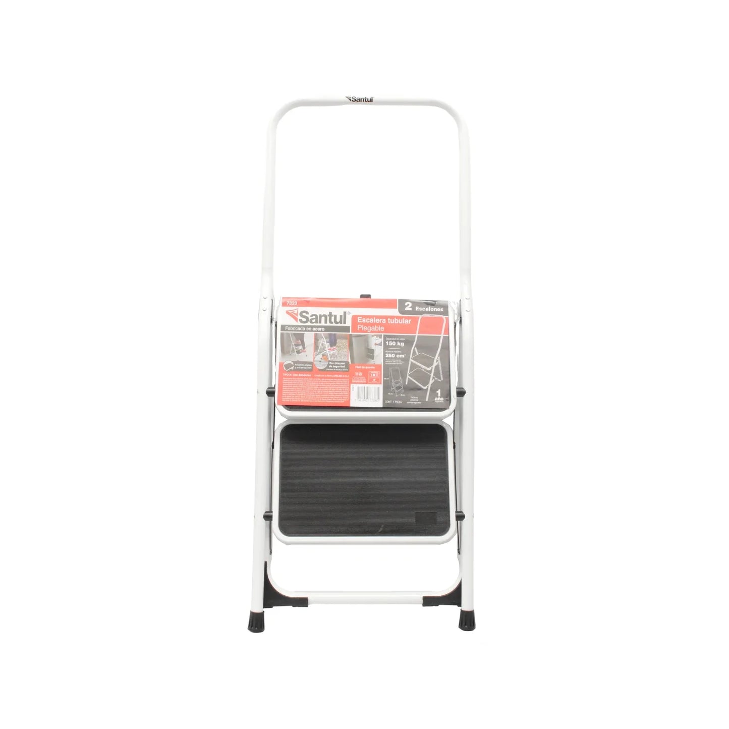 Escalera tubular plegable.,Dos peldaños.,Fabricada de acero.,Peldaños amplios y antiderrapante.,Con bloqueo de seguridad (mantiene la esclera abierta).,Capacidad de carga de 150 kg,Fácil de guardar.,Cumple con la norma ANSI-ASC A-14.2,Un año de garantía.,Tacones plásticos antiderrapante.