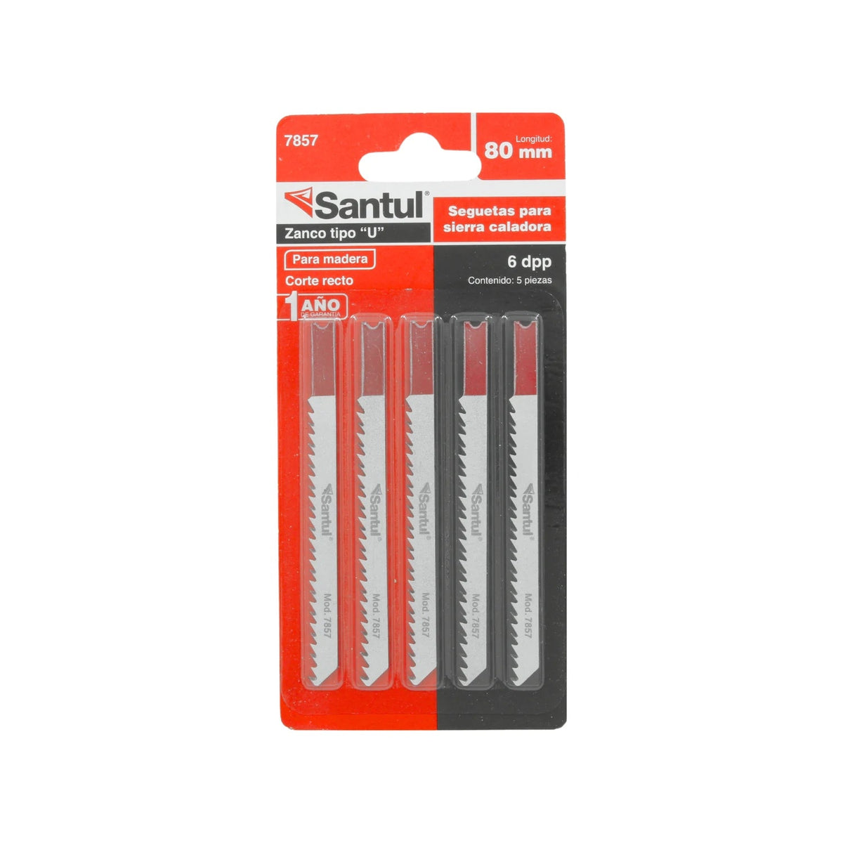 Juego de 5 seguetas Santul 7857 tipo U para sierra caladora, 80mm, 6 dpp, corte recto en madera