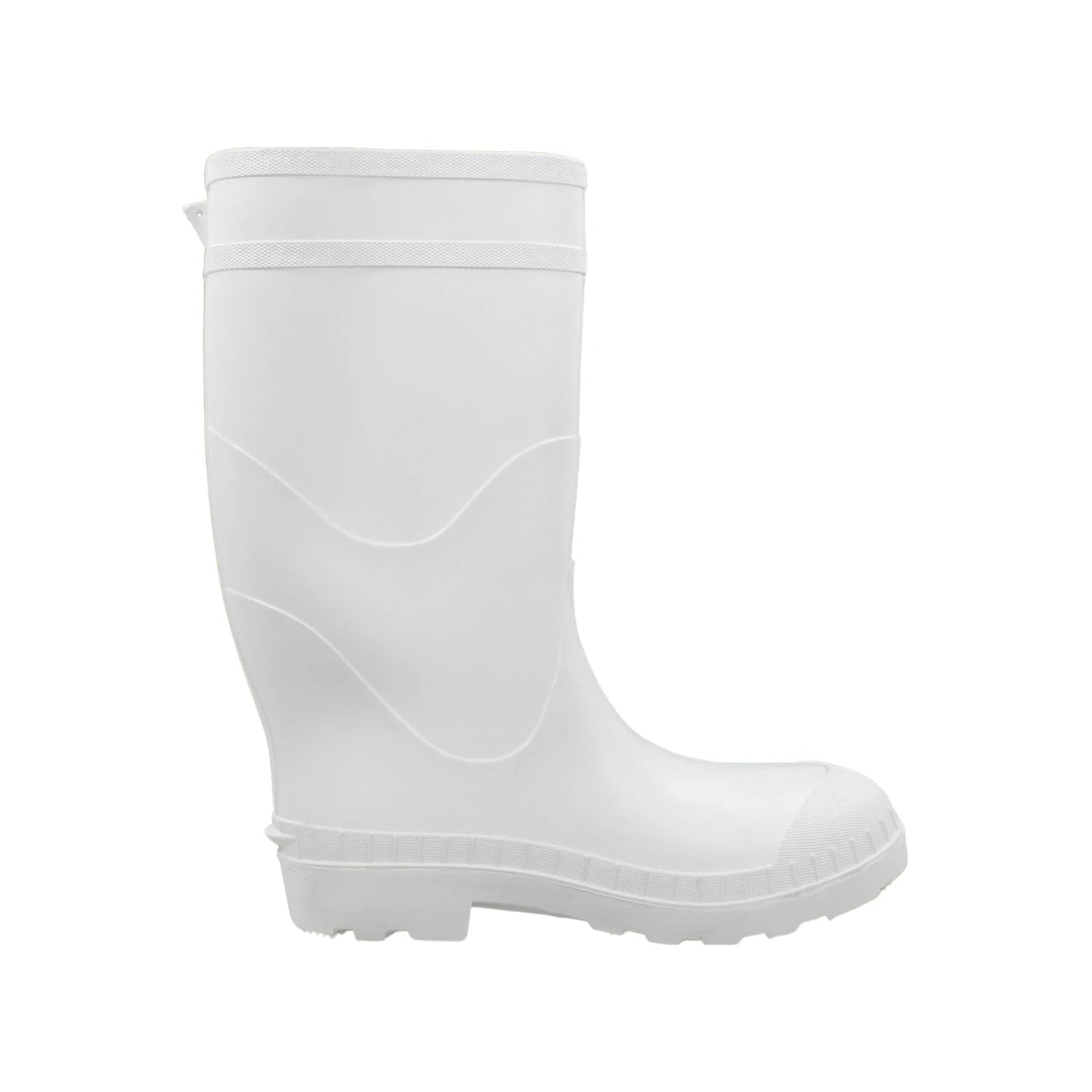 Bota sanitaria blanca de goma, impermeable, con suela antideslizante para protección y entornos de higiene.