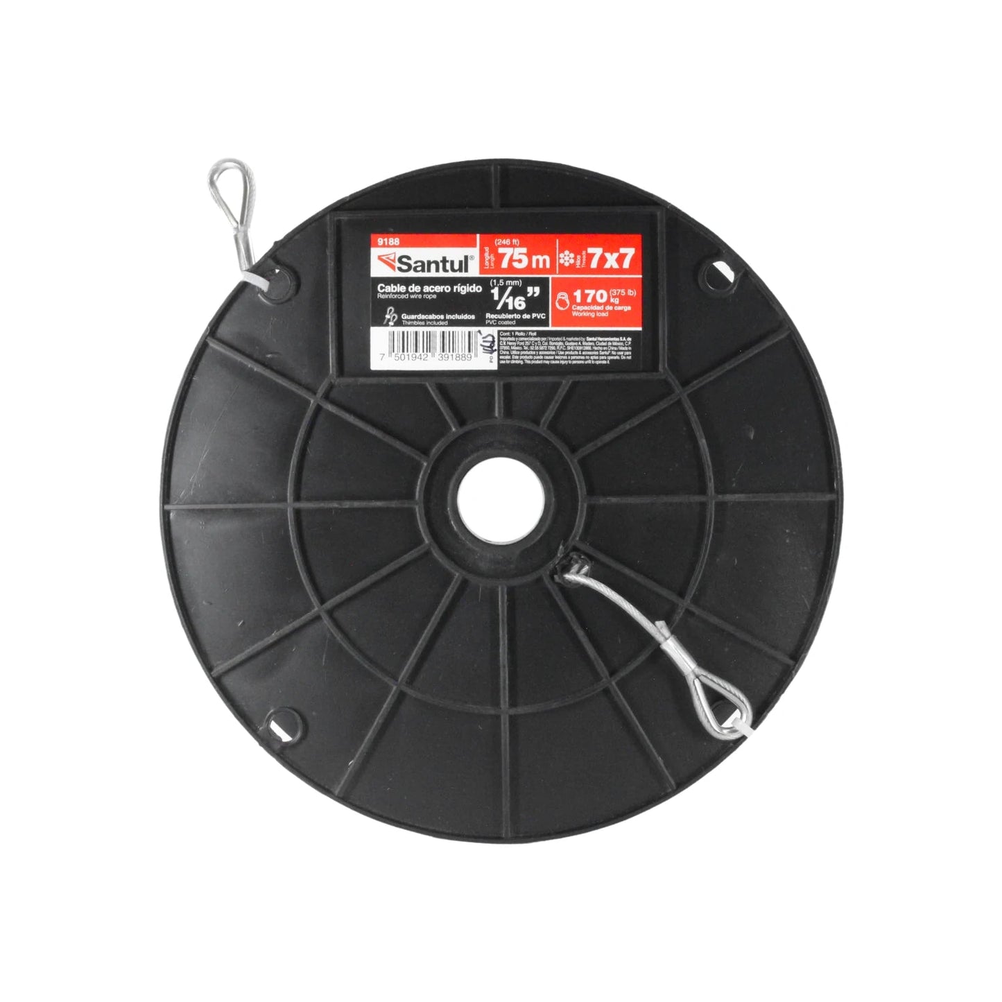 Cable de acero rígido PVC Santul 7x7 de 1/16" x 75m con guardacabos incluidos