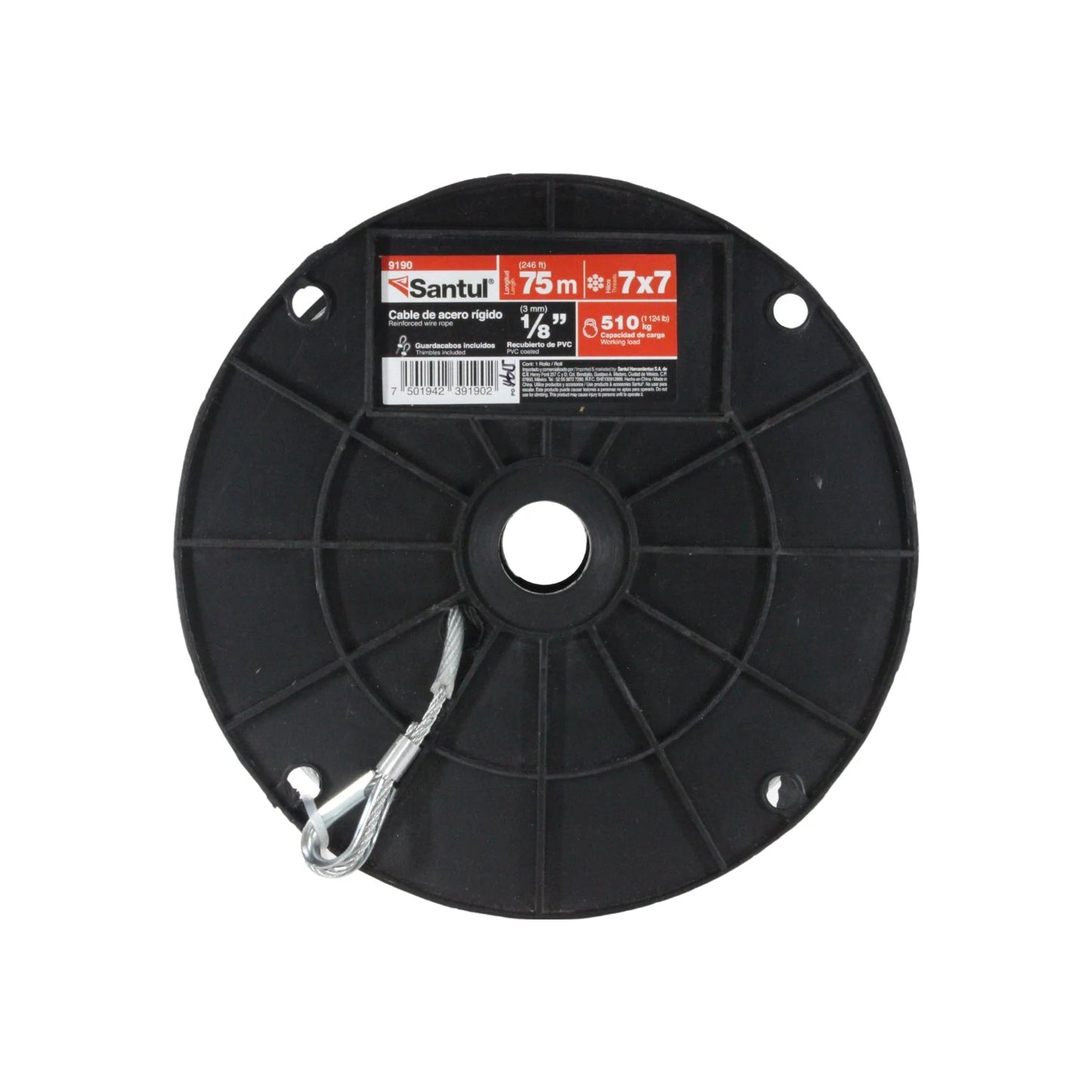Cable de acero Santul 9190, recubierto PVC, 1/8" x 75m, construcción 7x7, carga 510kg, con guardacabos.