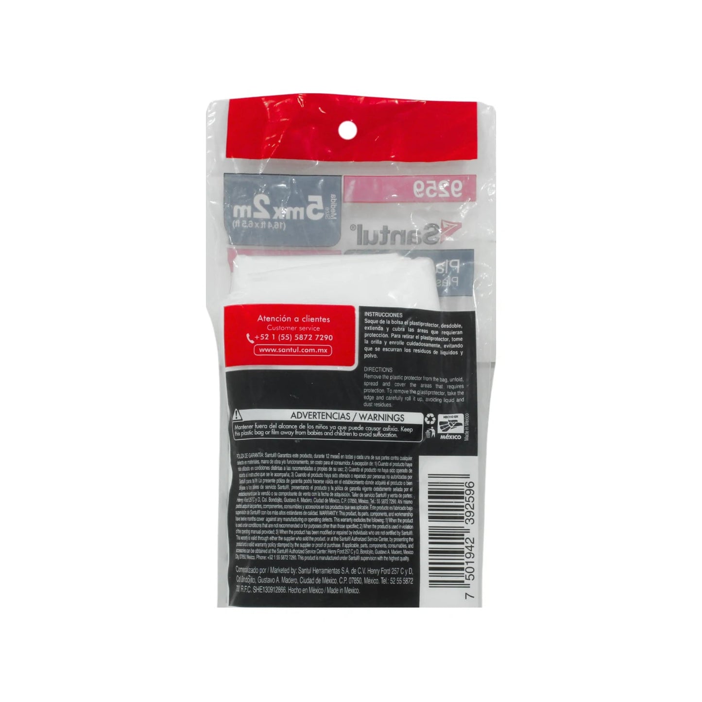 Plástico protector Santul transparente para cubrir superficies, ideal para uso rudo en construcción y pintura.