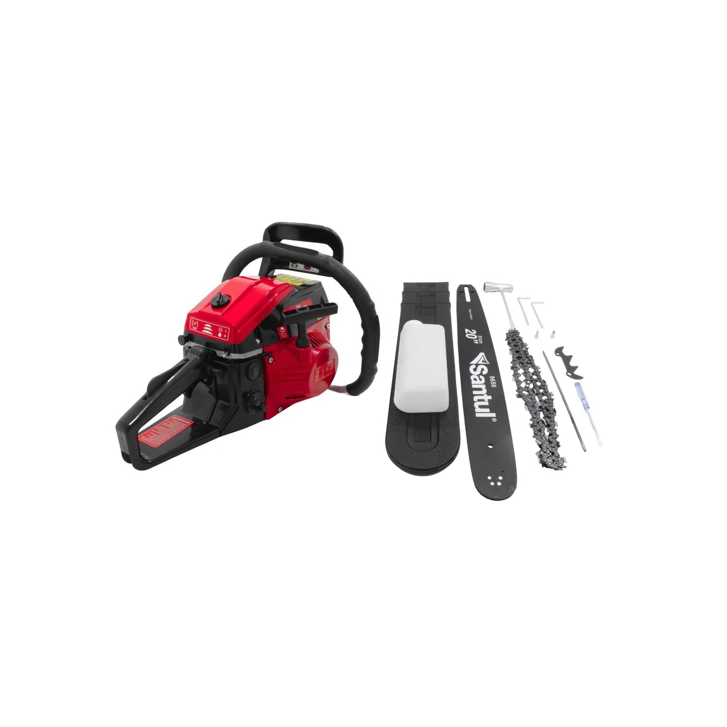Motosierra a gasolina roja Santul 9650 con barra de 20 pulgadas, cadena y herramientas para corte profesional.