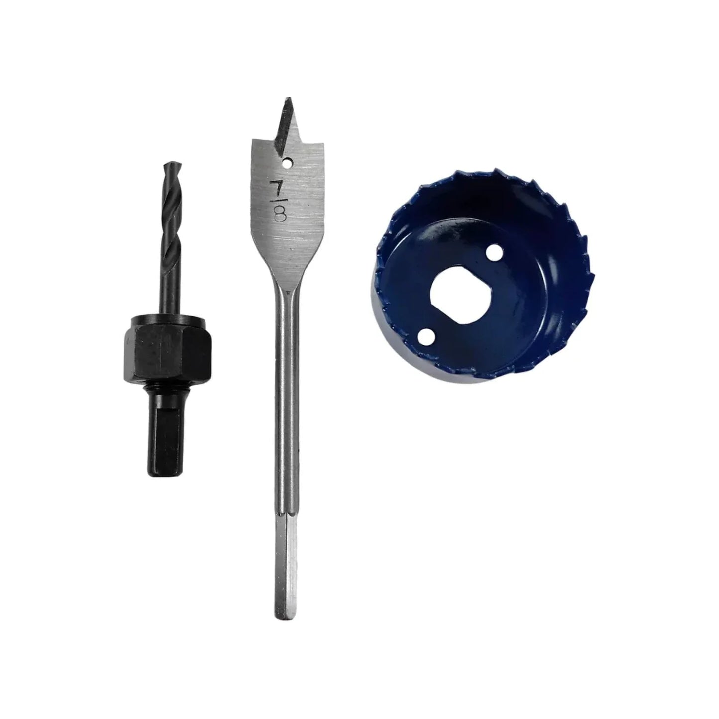 Broca tipo paleta de 7/8",Mandril adaptador.,Corta círculos juego de 3 piezas.,Sierra corta círculos de 2 1/8"