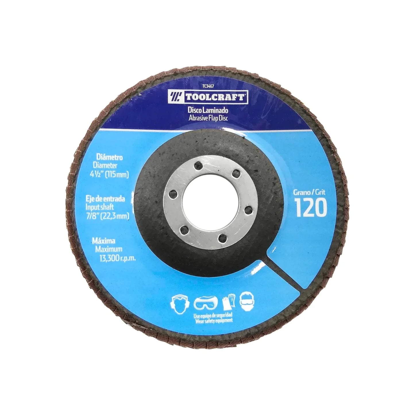Fabricado con zirconio.,Disco para desbaste y pulido.,Diámetro: 4 1/2"(114 mm).,Eje: 7/8"(22.23 mm).,Velocidad 13300 RPM,Disco laminado grano 120,Ideal para trabajar en madera fibra de vidrio y metal.,Usar guantes y lentes de protección al momento de su uso.