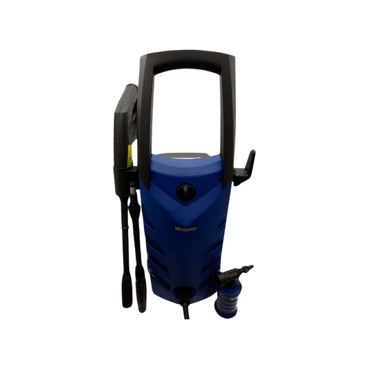 Potencia: 1350 W,Flujo máximo: 6 L / min.,Máxima presión:1,300 PSI. 120 V~ 60 Hz,Lanceta con boquilla ajustable.,Se detiene automaticamente al no detectar flujo de liquido.,Motor de carbónes.,Incluye:,Recipiente para mezclar jabón.,Carbónes de repuesto.,Mangera de 5 metros.