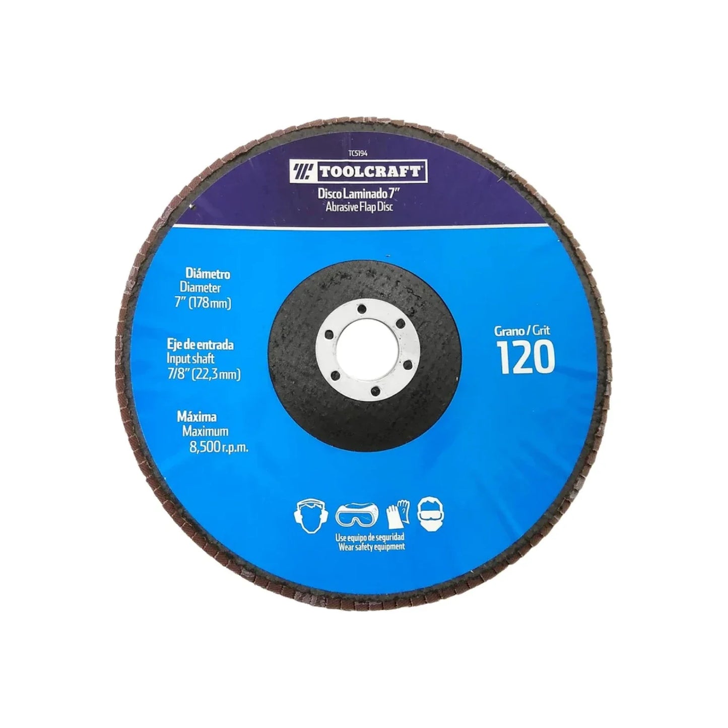 Fabricado en lija de zirconia.,Disco laminado.,Diámetro: 7"(180 mm,Eje: 7/8"(22.23 mm).,Velocidad 8500 RPM,Grano 120,Disco para desbaste y pulido.,Ideal para trabajar en madera, fibra de vidrio y metal.,Usar guantes y lentes de protección al momento de su uso.