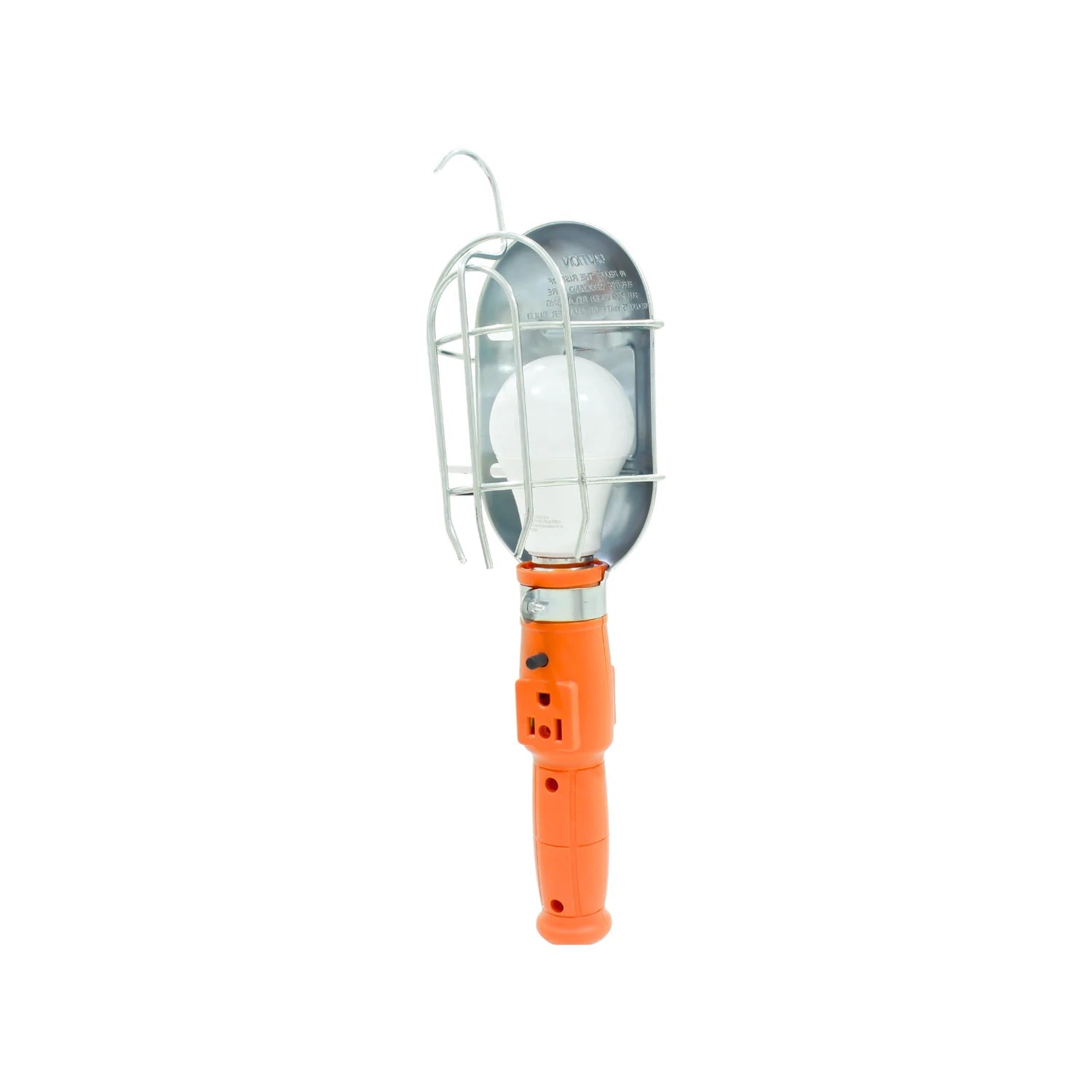 Lámpara de trabajo portátil con jaula protectora, gancho para colgar y mango ergonómico naranja para taller