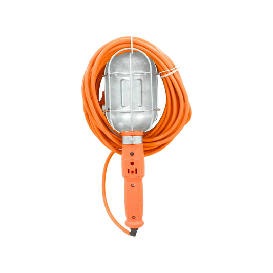 Extensión con socket de trabajo naranja, cable de 15 metros enrollado y jaula protectora