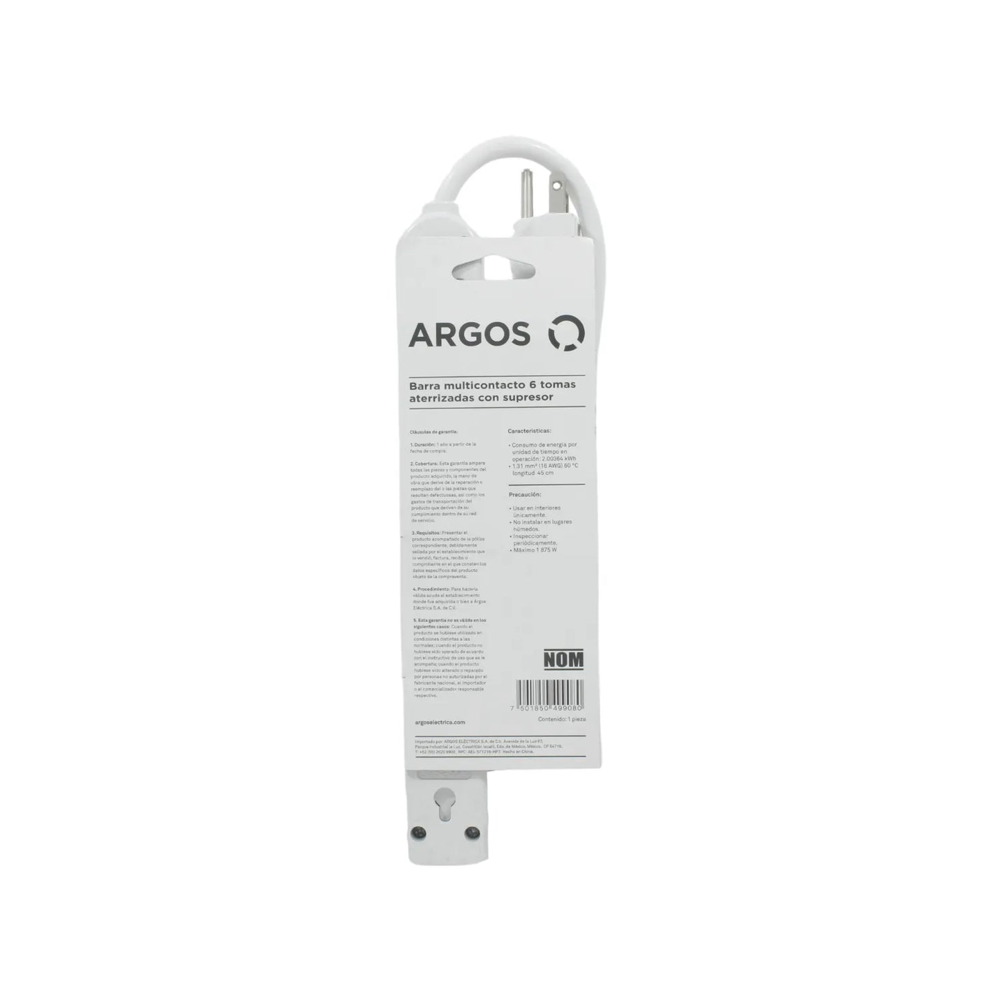 Multicontacto ARGOS blanco con 6 tomas aterrizadas y supresor de picos, cable 45cm, 1875W