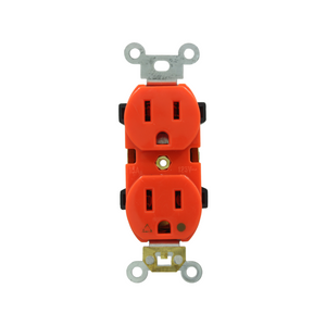 Contacto doble con conexión a tierra aislada, de grado de especificación industrial y hospitalario para trabajos pesados.,Corriente: 15 A,Voltaje: 125 V,Cable: 3 conductores (opcional).,Conexión a tierra: Puesta a tierra automática.,Polo: Dos polos.,Color: Naranja (cara lisa).,Cubierta: PVC,Base: ABS Antiflama con 6 mm de espesor.,Contactos de línea: Cobre.,Tornillo a tierra: Latón (verde).,Cumple con la NOM-003-SCFI-2014