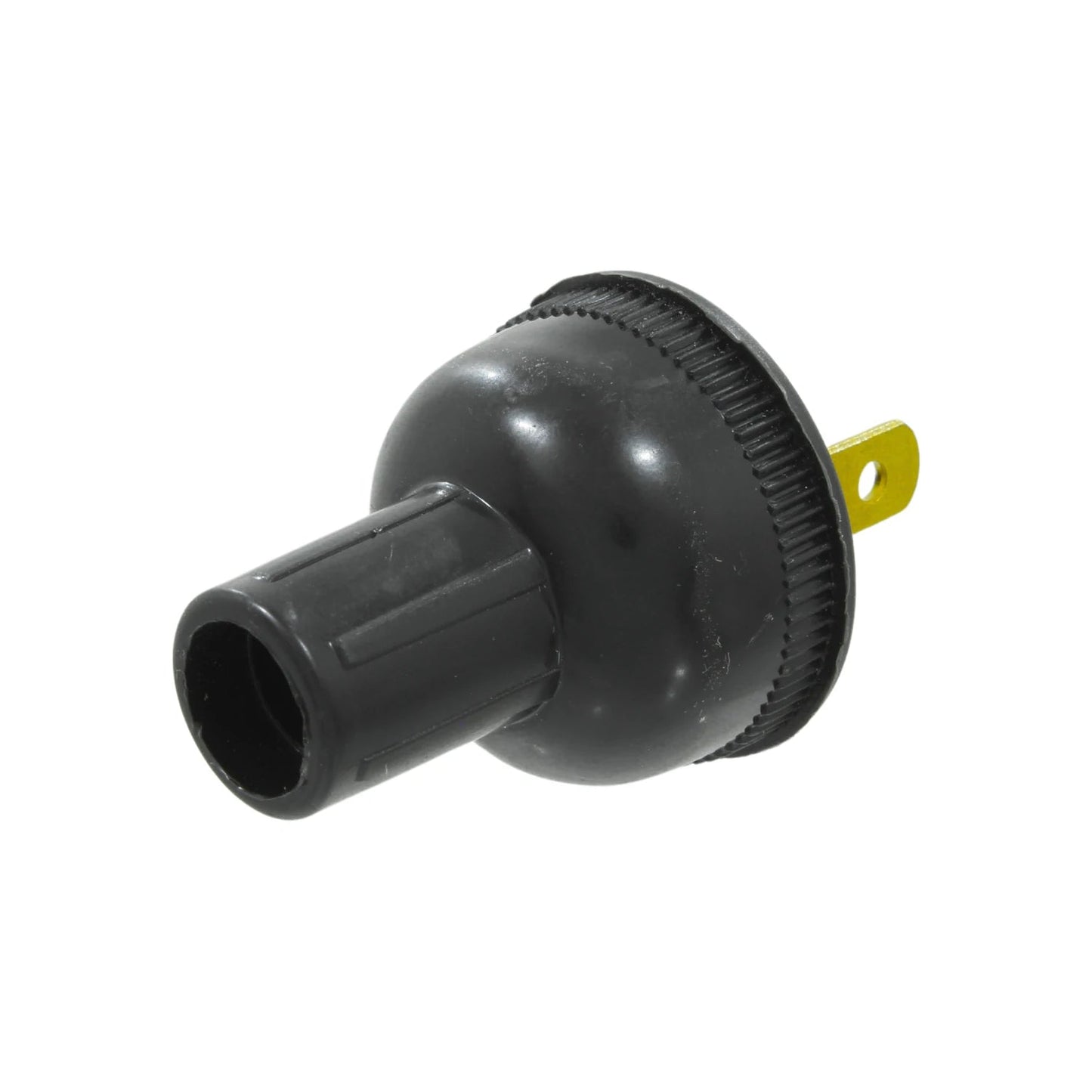 Clavija redonda de hule negra para uso rudo, con un pin macho dorado, ideal para conexiones eléctricas.