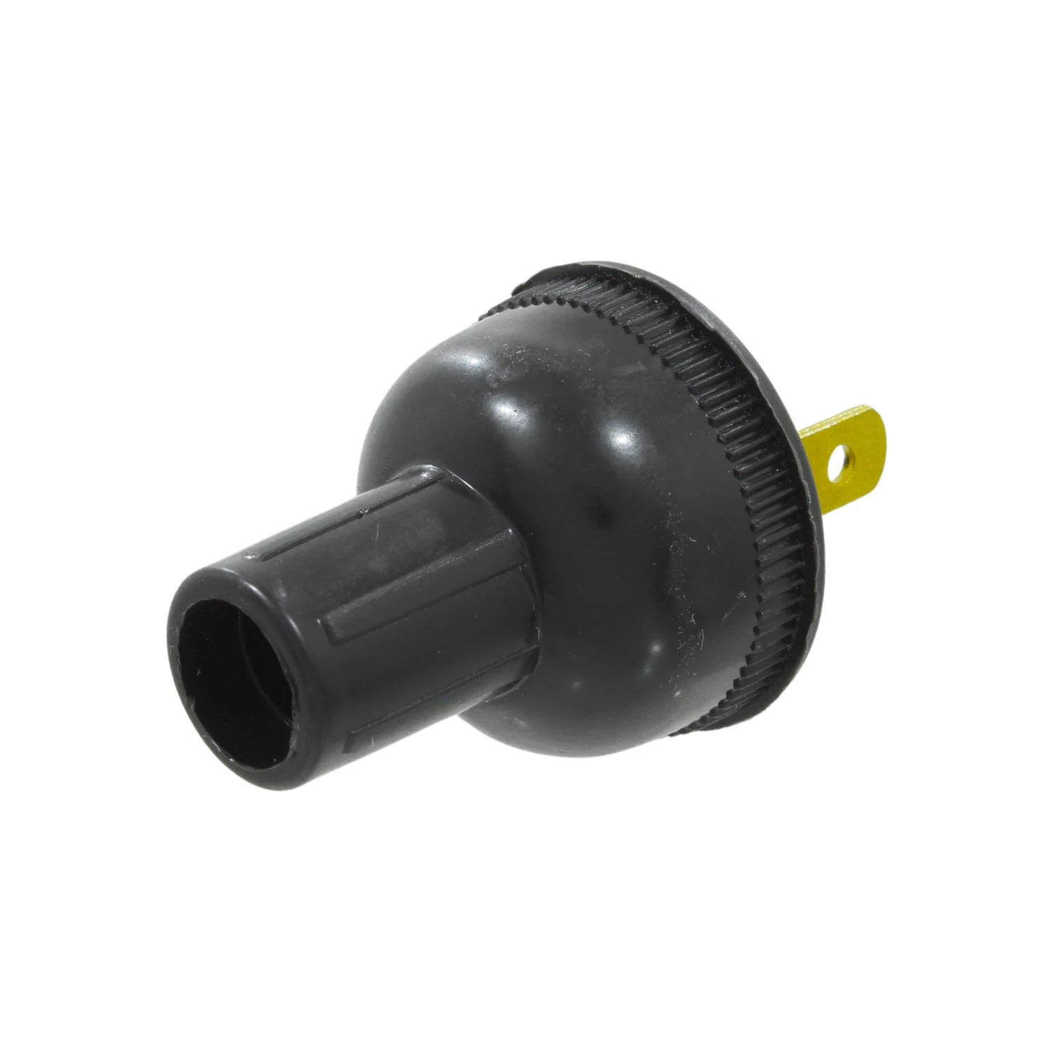 Clavija redonda de hule negra para uso rudo, con un pin macho dorado, ideal para conexiones eléctricas.