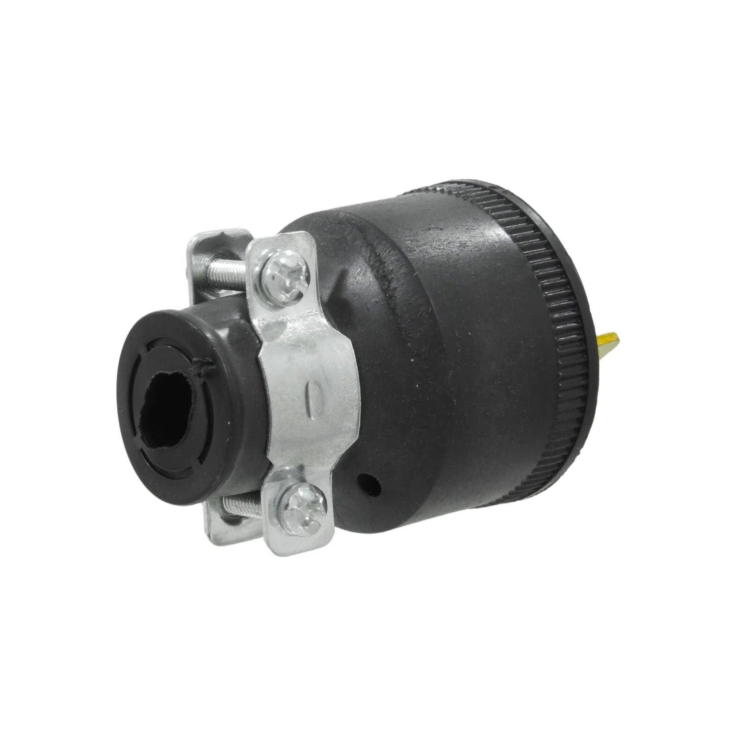 Clavija industrial negra aterrizada, conector eléctrico resistente para uso rudo, incluye abrazadera.