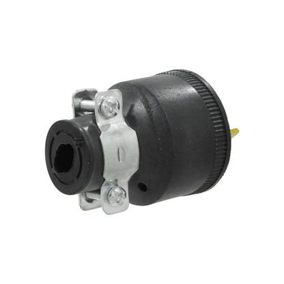 Clavija industrial negra aterrizada, conector eléctrico resistente para uso rudo, incluye abrazadera.