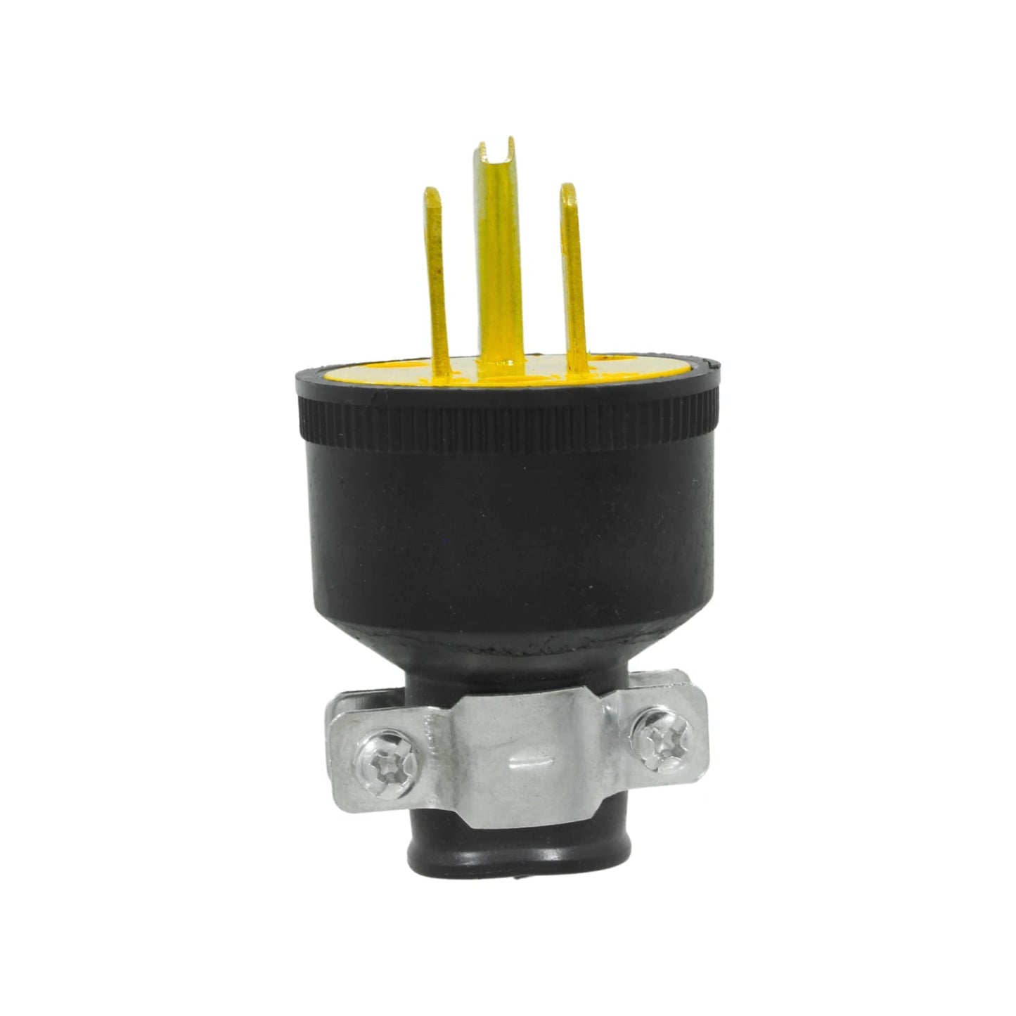 Clavija industrial aterrizada negra con tres polos amarillos para conexión eléctrica segura y cableado.