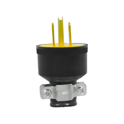 Clavija industrial aterrizada negra con tres polos amarillos para conexión eléctrica segura y cableado.