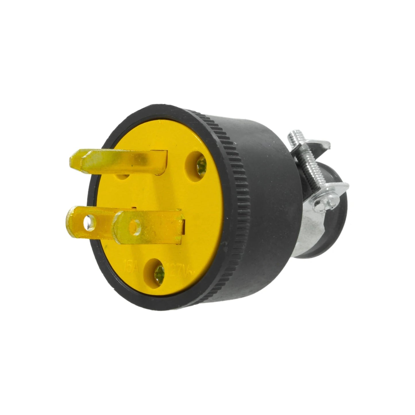 Clavija industrial aterrizada 3 polos, amarilla y negra, 15A 127V, para instalaciones eléctricas.
