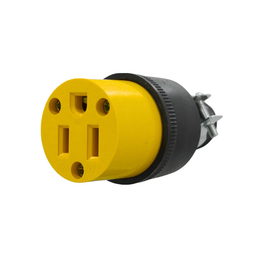 Contacto industrial aterrizado hembra amarillo 3 polos 15A 127V uso rudo con seguro de cable