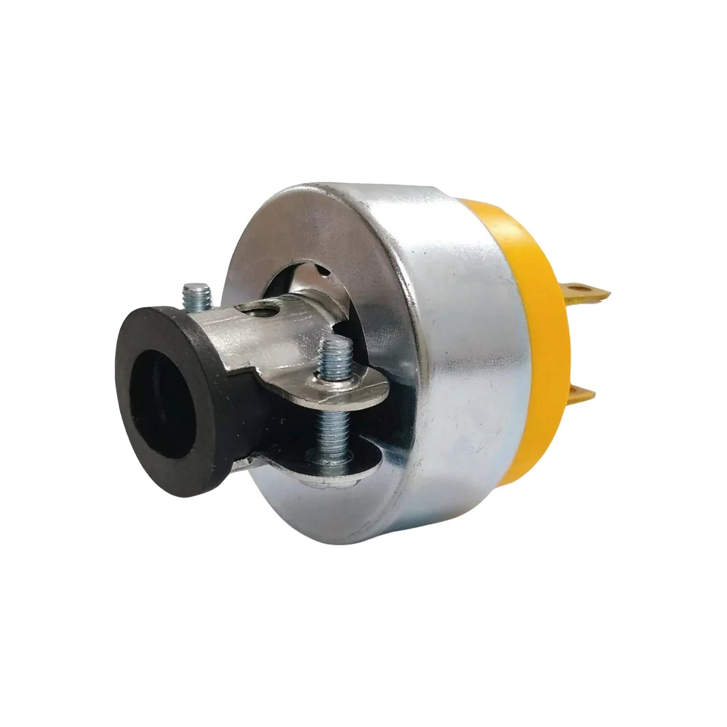 Clavija industrial metálica plateada de 3 pines con tierra, aro amarillo y entrada de cable negra para uso pesado.