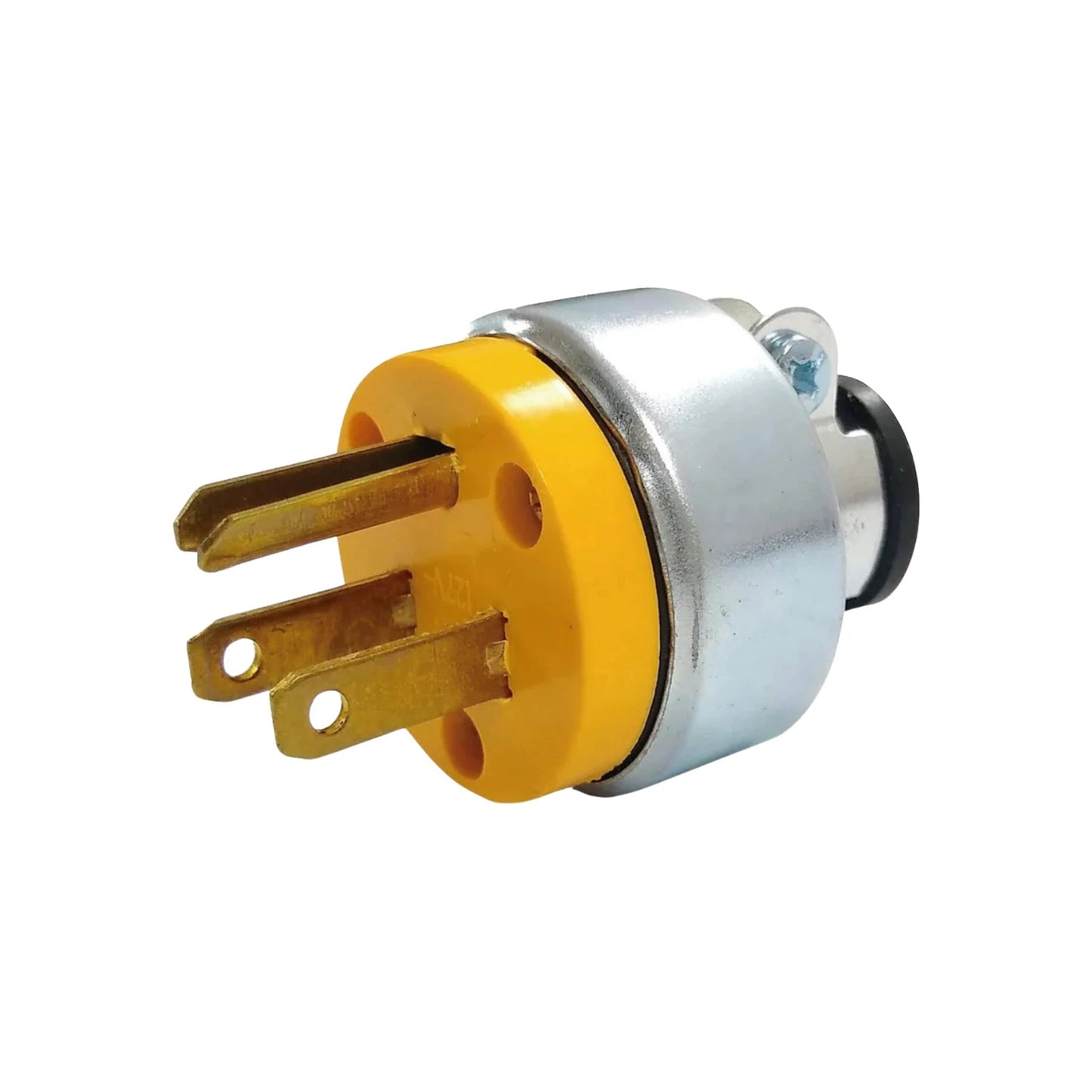 Clavija industrial eléctrica macho con tierra 3 polos 127V, base amarilla y cuerpo metálico