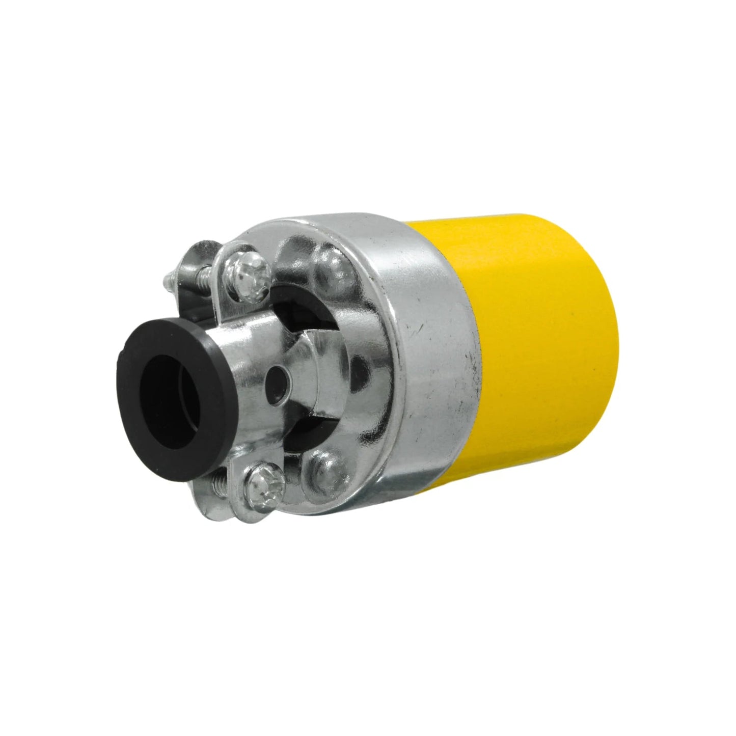 Contacto industrial aterrizado amarillo y plata, conector eléctrico de uso rudo con terminales atornillables.