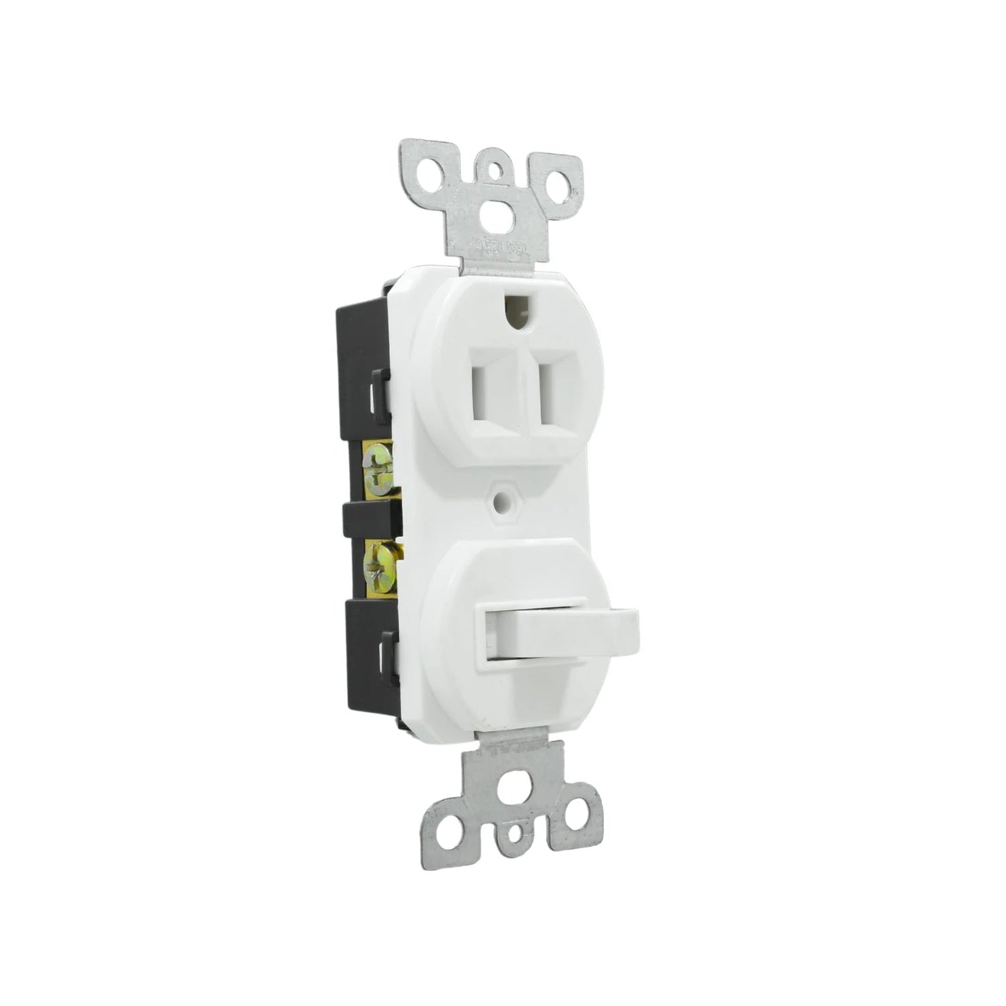 Contacto dúplex aterrizado y apagador de palanca, en un módulo combinado blanco para instalaciones eléctricas.