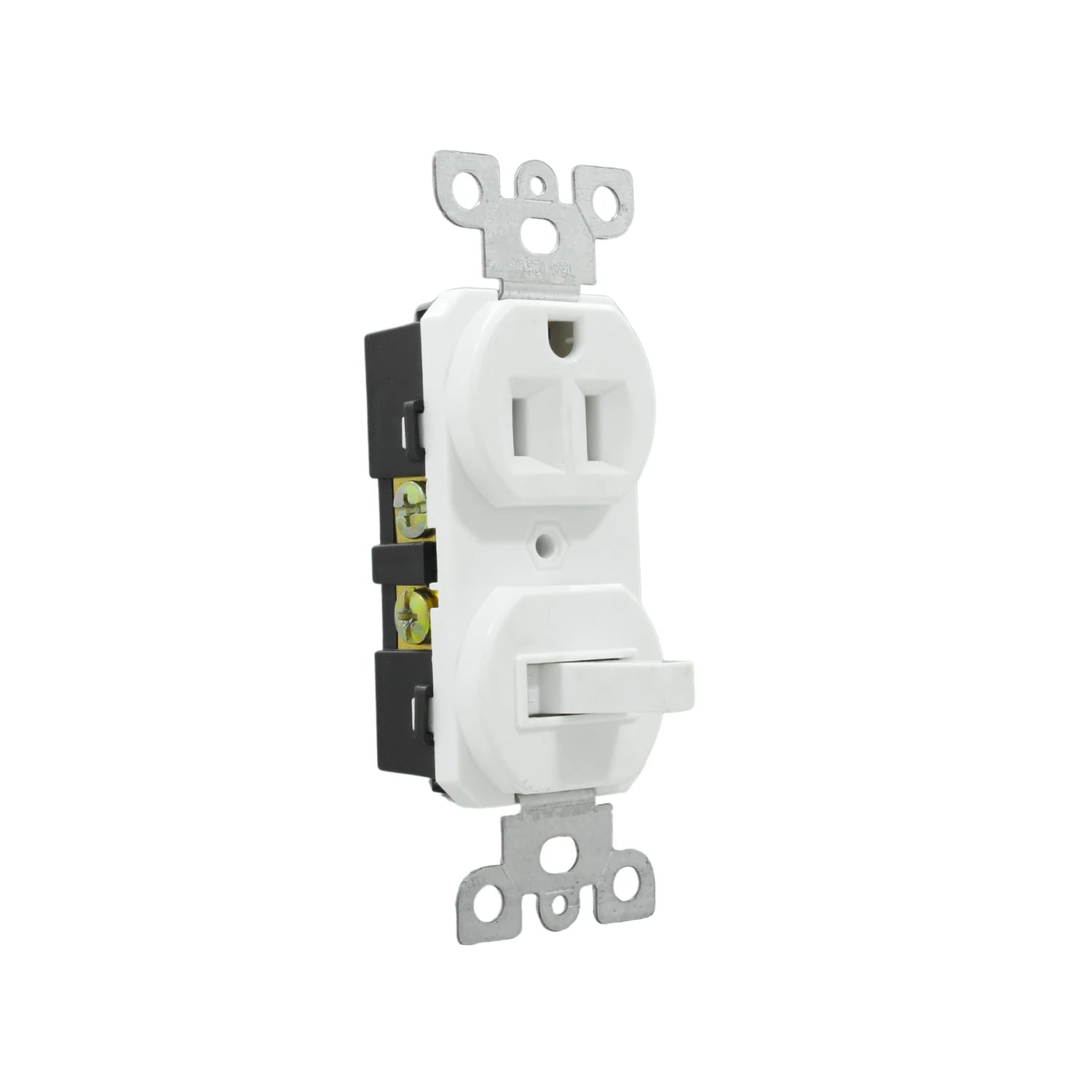 Contacto dúplex aterrizado y apagador de palanca, en un módulo combinado blanco para instalaciones eléctricas.