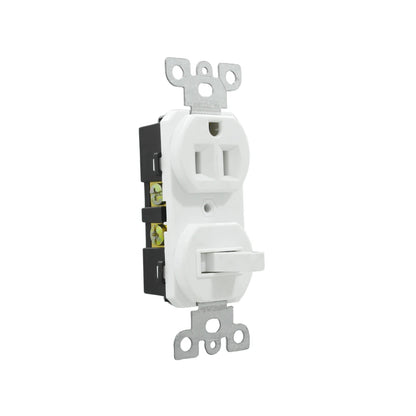 Contacto dúplex aterrizado y apagador de palanca, en un módulo combinado blanco para instalaciones eléctricas.