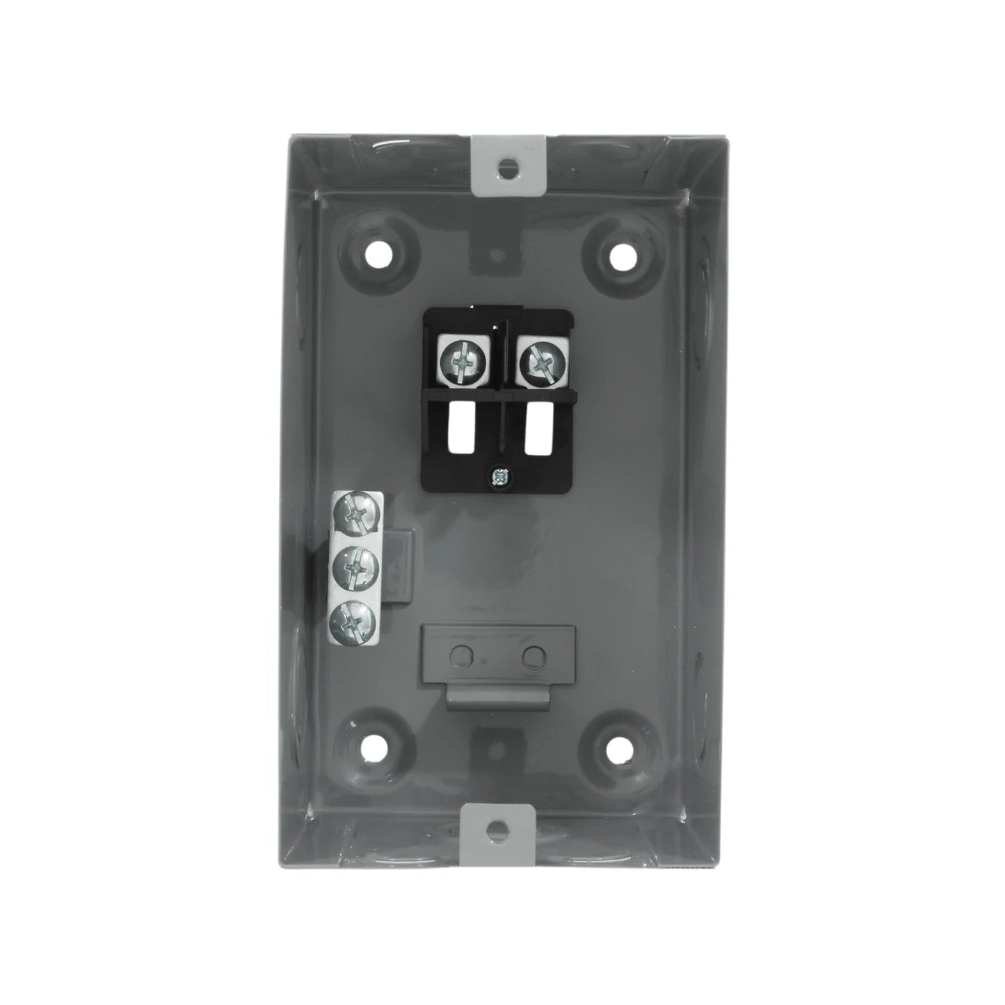 Centro de carga eléctrico gris para 2 pastillas, empotrar, con terminales y barra de tierra.