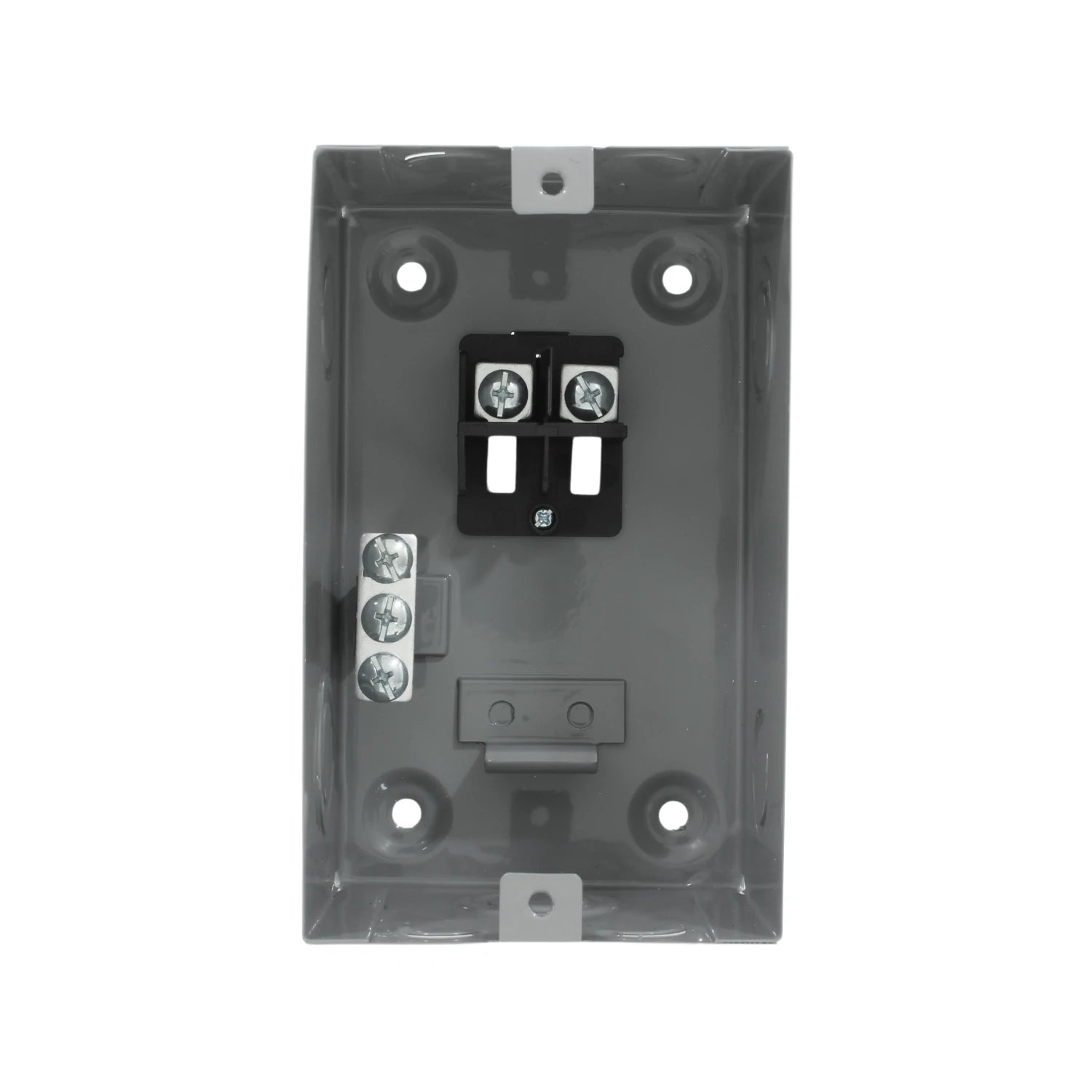 Centro de carga eléctrico gris para 2 pastillas, empotrar, con terminales y barra de tierra.