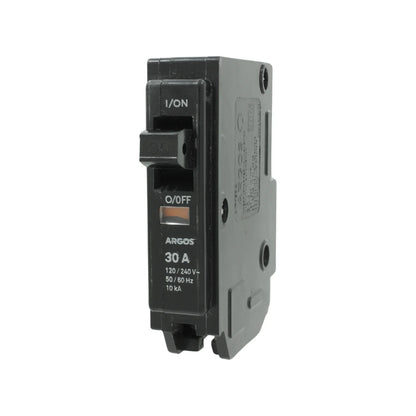Fabricado en ABS,Interruptor termo magnético.,Voltaje: 120 - 240 V,Tensión de aislamiento: 600 V,Corriente: 30 A,Frecuencia: 50 - 60 Hz,Capacidad interrumpida: 10 kA,Temperatura de trabajo: 40° C,Uso residencial, comercial, industrial.