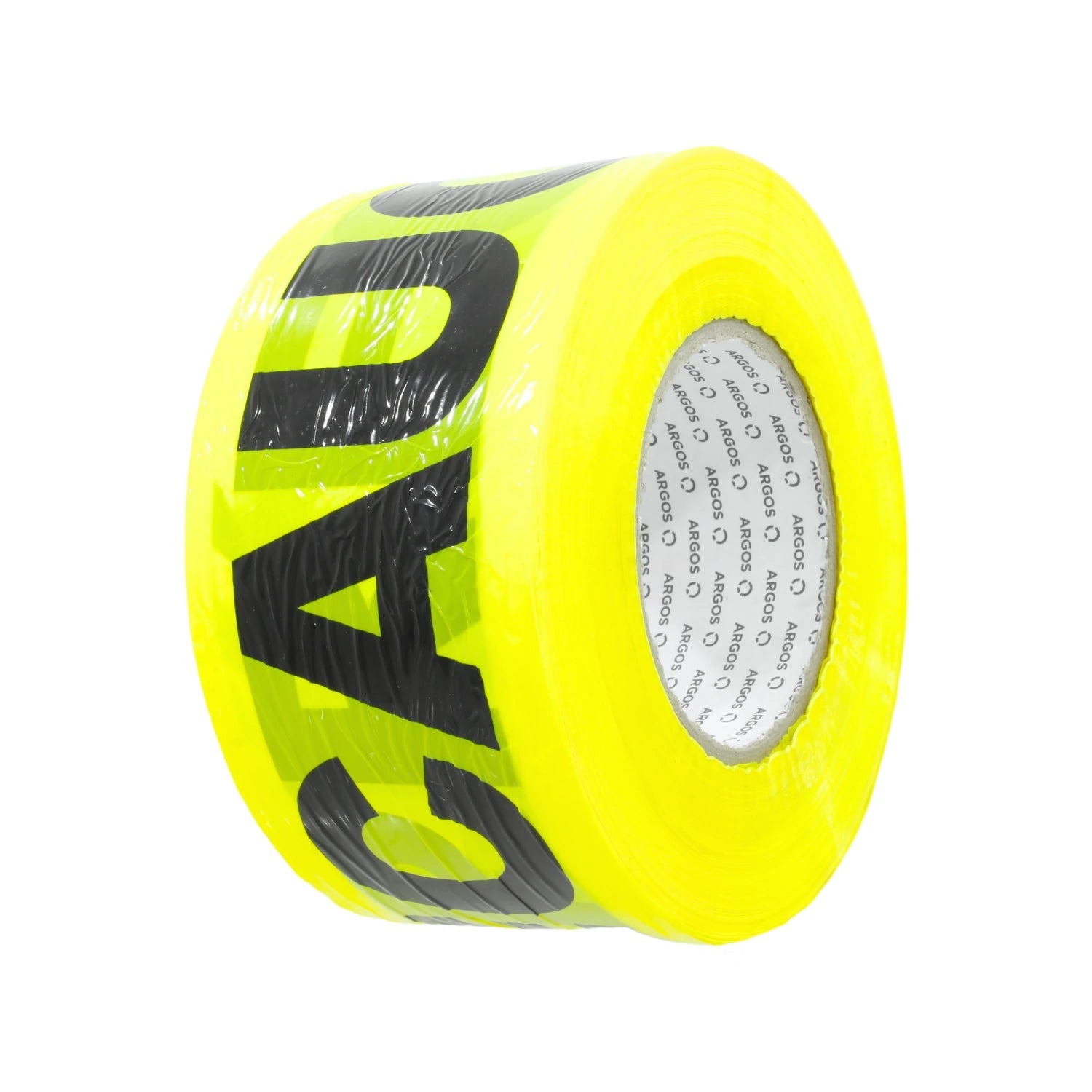 Rollo de cinta de seguridad Argos amarilla de 300m con texto negro "CAUTION" para barricadas y advertencias.