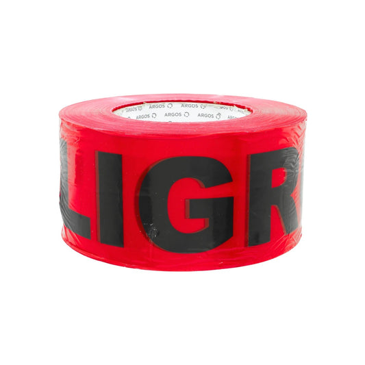 Rollo de cinta roja ARGOS con 'PELIGRO' en negro para señalización de áreas de riesgo o barricadas