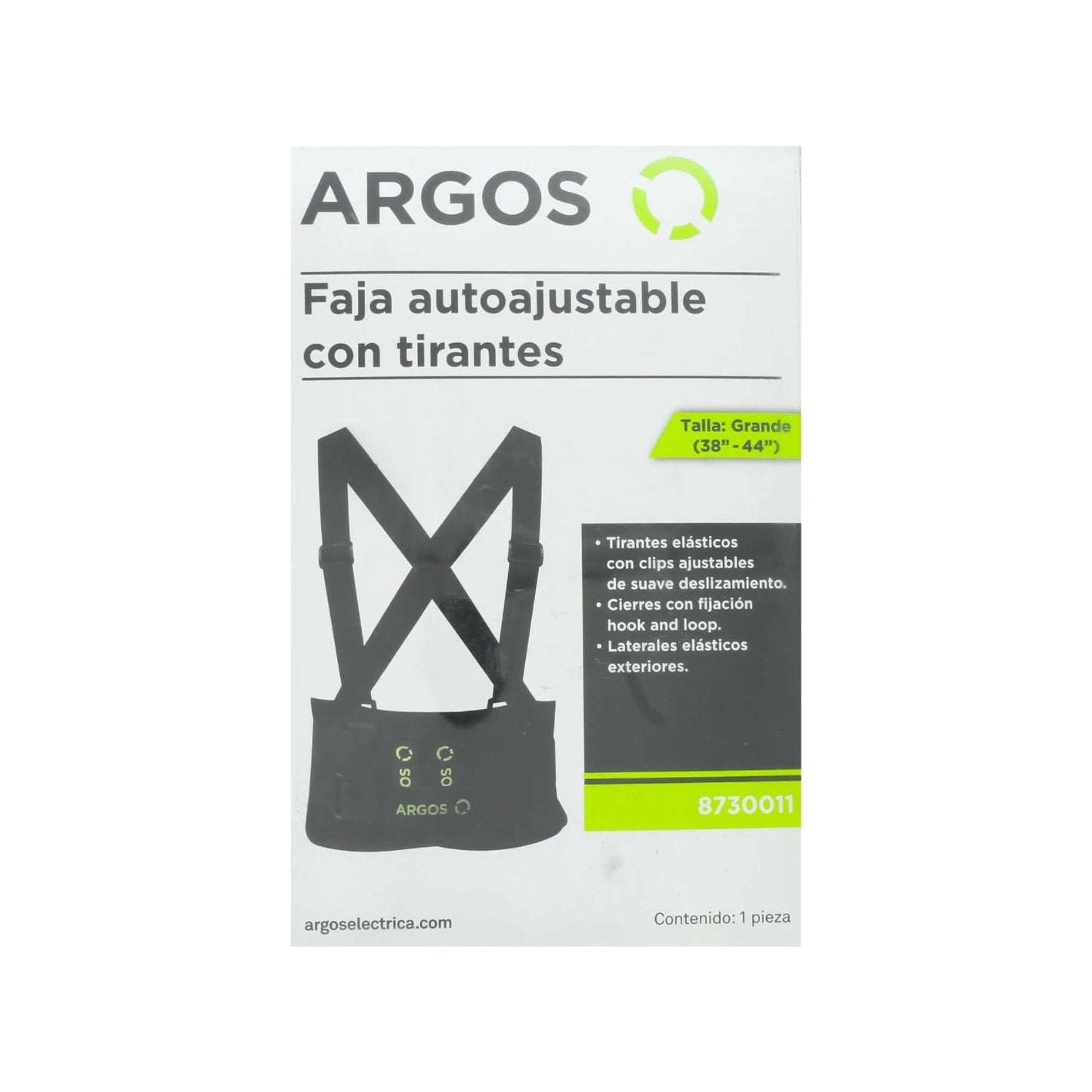 Faja industrial autoajustable Argos negra, talla grande (38"-44") con tirantes elásticos ajustables para soporte lumbar.