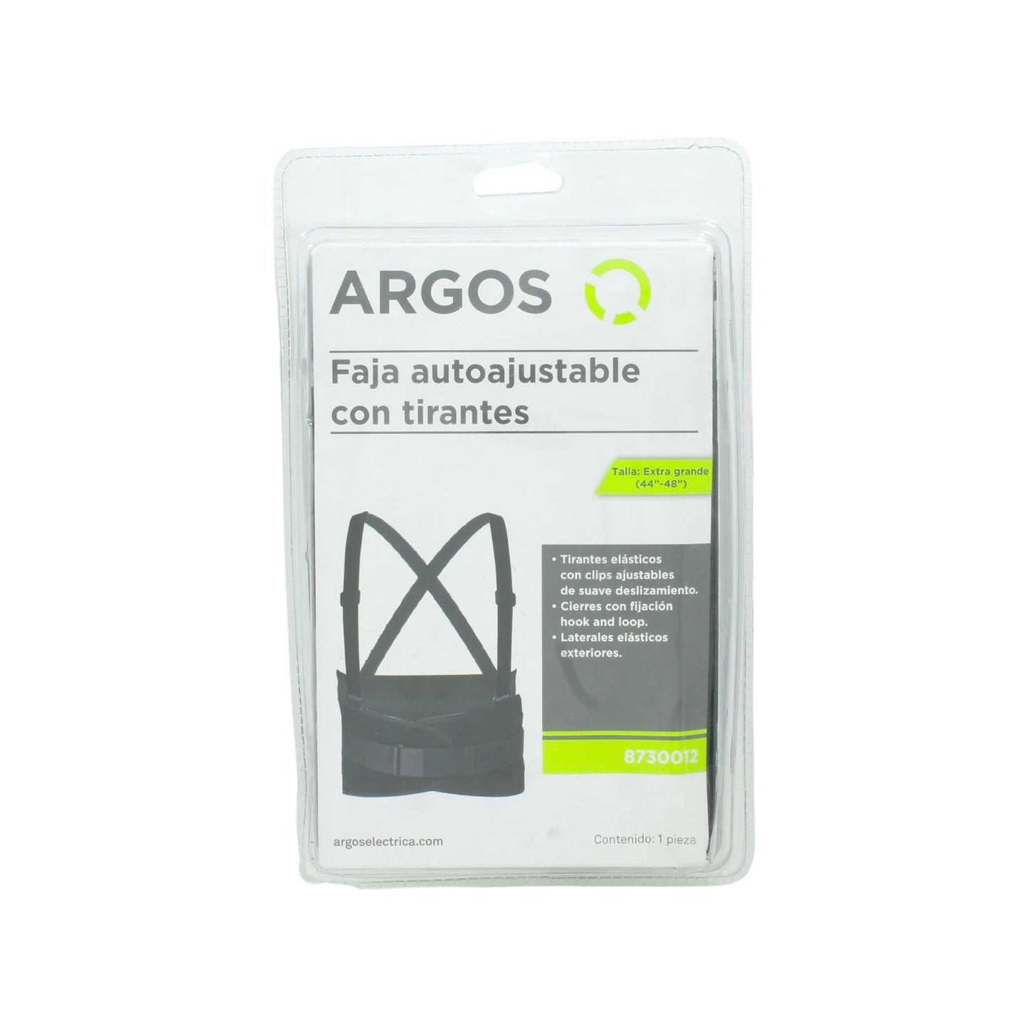 Faja industrial Argos con tirantes elásticos ajustables, talla Extra Grande (44-48"), cierre de velcro. Modelo 8730012.