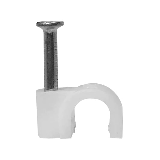 Grapa de cable curva blanca de 5mm con clavo para sujetar cables eléctricos en instalaciones