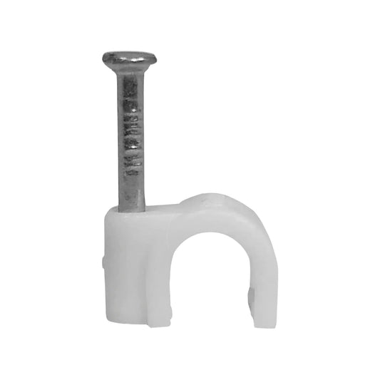 Grapa curva blanca de 6mm con clavo de acero para fijación segura de cables eléctricos