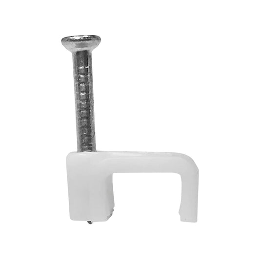 Grapa para cable de plástico blanco con clavo, ideal para fijar y organizar cables