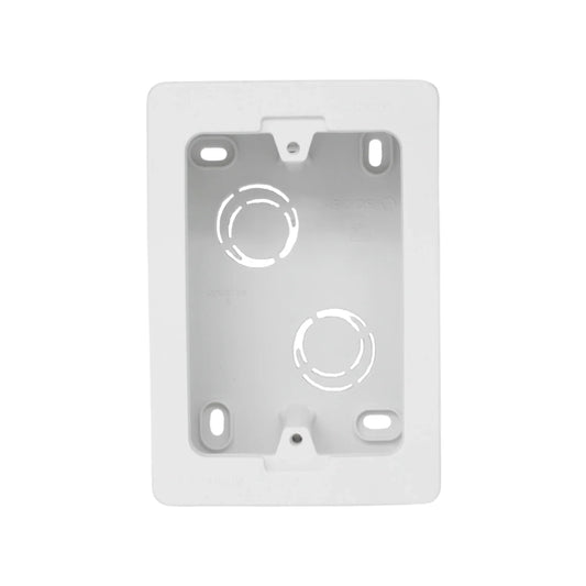 Material: Termoplástico.,Cuenta con accesos posteriores para tubería de 1/2” o 3/4”,No propaga fuego.,Fácil instalación (tornillos no incluidos).,La caja universal, permite la instalación de placas de tomacorrientes e interruptores en hogares, oficinas, edificios, entre otros.,Medidas: 85 mm ancho x 122 mm alto x 49 mm profundo.