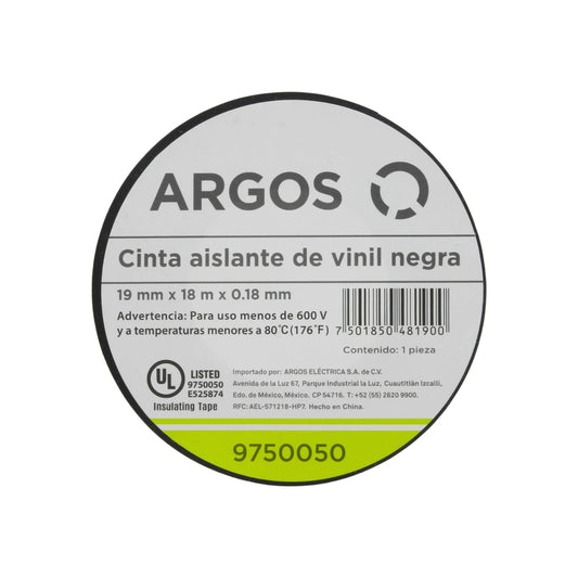 Cinta aislante eléctrica negra Argos 19mm x 18m para conexiones seguras UL Listed 9750050