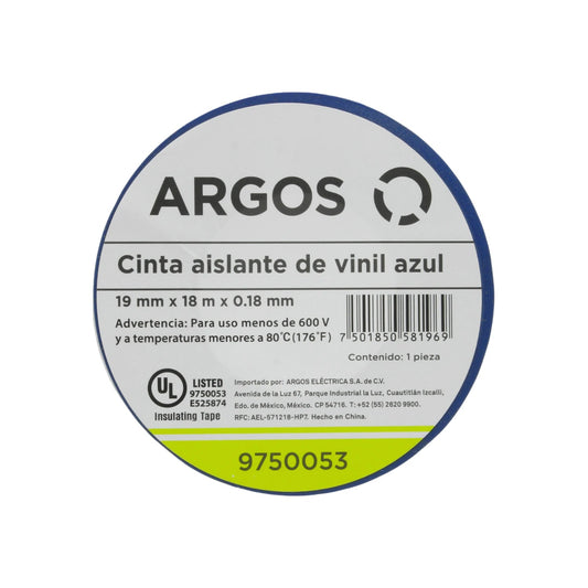 Cinta aislante eléctrica azul Argos 19mm x 18m, UL Listed, para 600V, uso ferretería