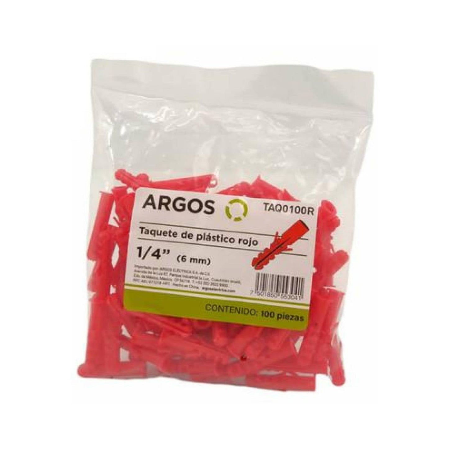 Taquetes de plástico rojo Argos 1/4" (6mm) para anclaje en pared, bolsa de 100 piezas