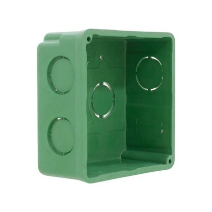 Caja de empotrar eléctrica cuadrada verde (3x3) con entradas precortadas para instalación de interruptores y tomas.