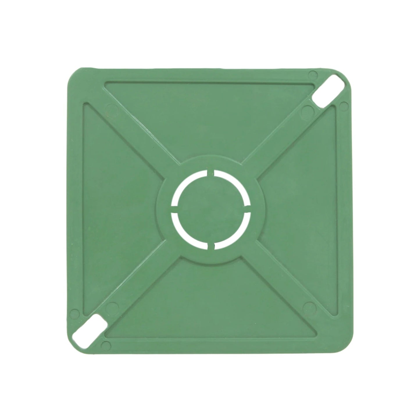 Tapa cuadrada verde de plástico para protección de cajas, con orificios para cables y ventilación