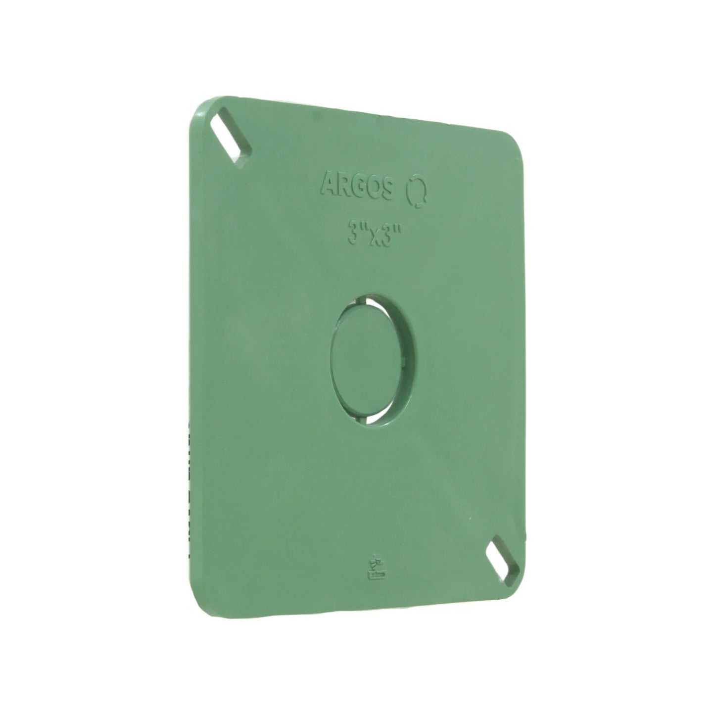 Tapa cuadrada verde Argos 3x3 pulgadas de PVC, con orificio central para caja eléctrica.