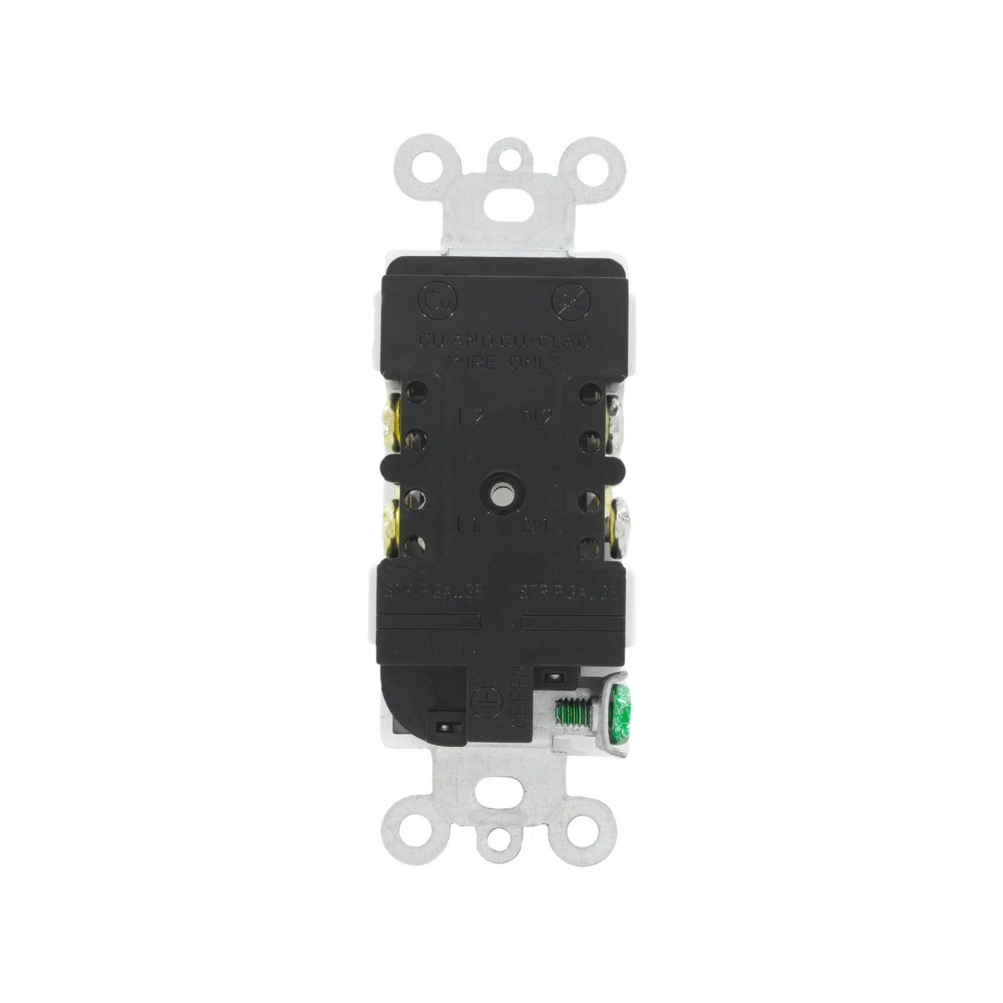 Contacto dúplex negro, vista posterior con terminales de tornillo, receptáculo eléctrico doble para instalaciones residenciales y comerciales.