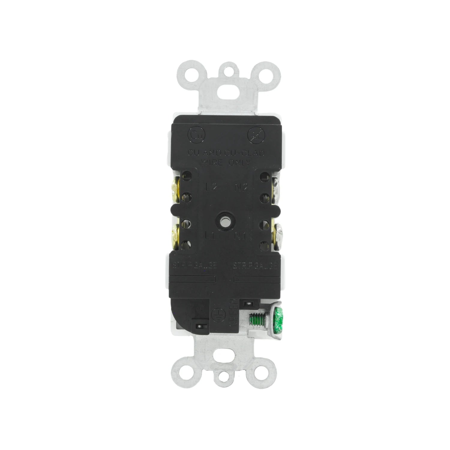 Contacto dúplex negro, vista posterior con terminales de tornillo, receptáculo eléctrico doble para instalaciones residenciales y comerciales.