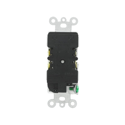 Contacto dúplex negro, vista posterior con terminales de tornillo, receptáculo eléctrico doble para instalaciones residenciales y comerciales.